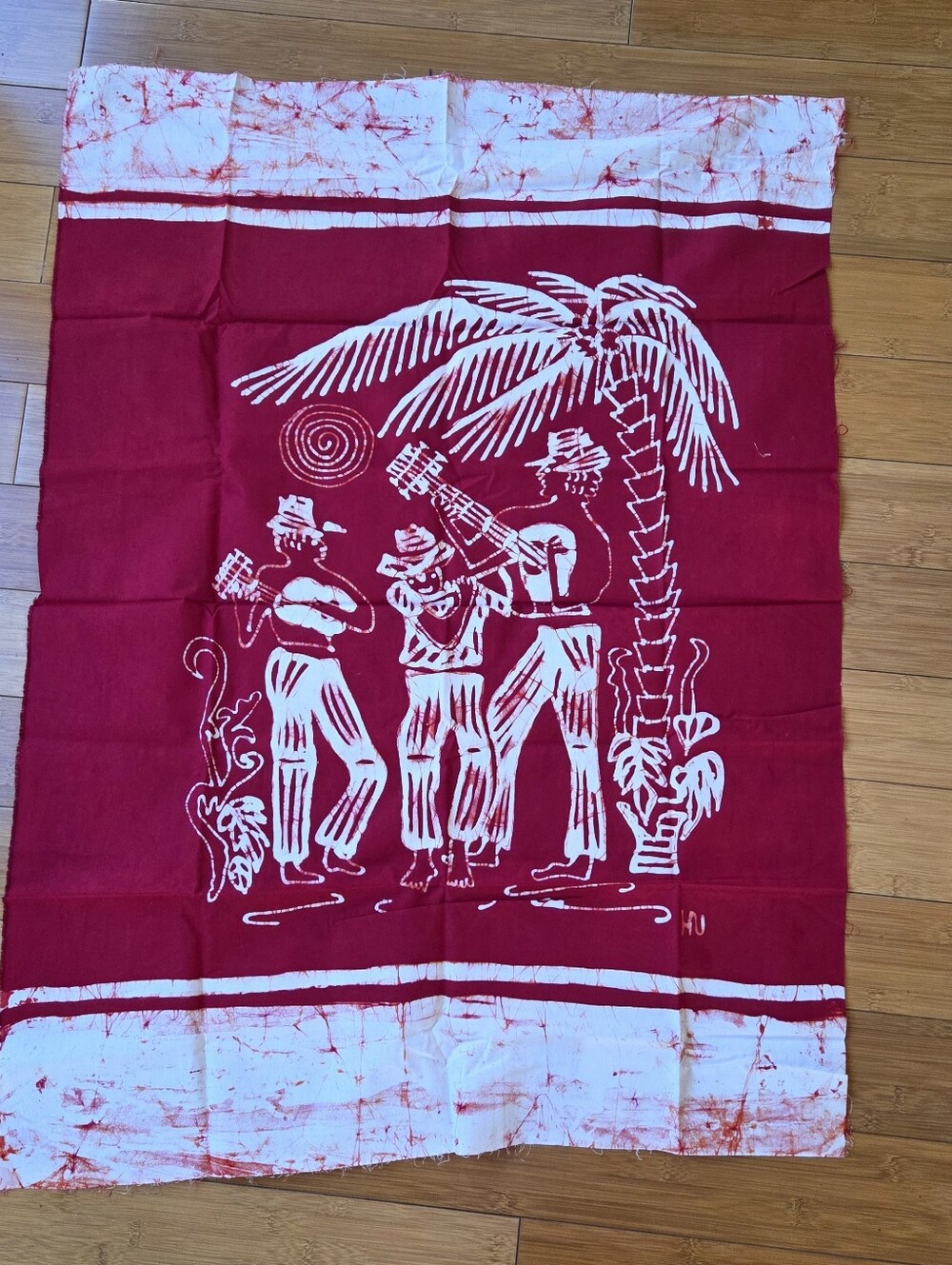 Caribelle Batik Caribbean Musicians Palm Tree Red Wax Resit Art Fabric Panel